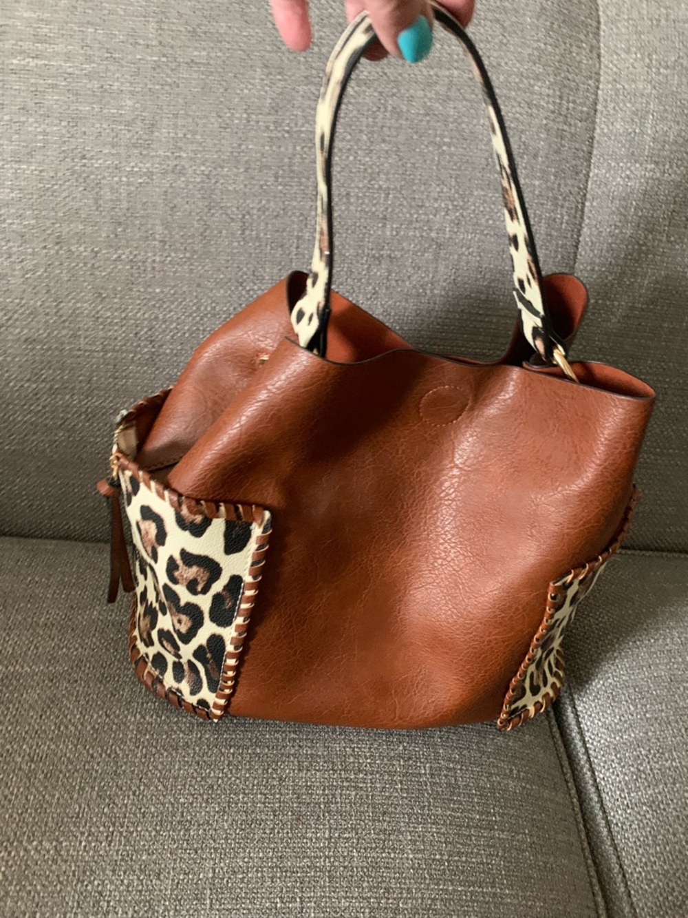 Brown Tote Bag with Leopard Trim - Stylish Everyday Women's Handbag